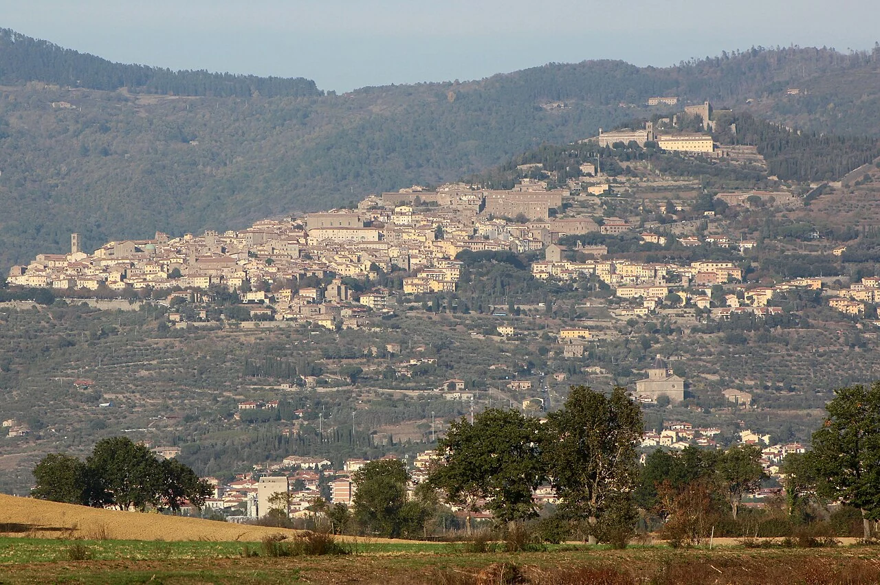 The stone buildings of Cortona rising across a Tuscan hillside above fields and olive trees