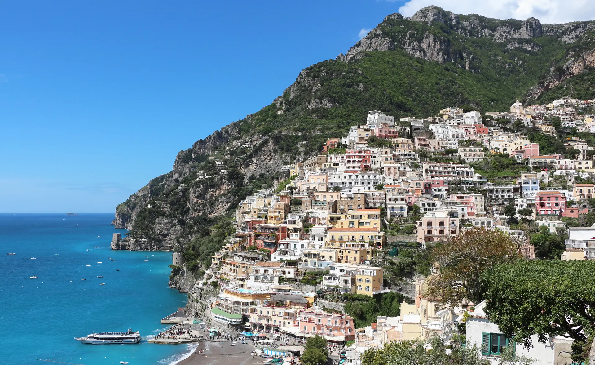 Positano rising above the blue water of the Amalfi Coast