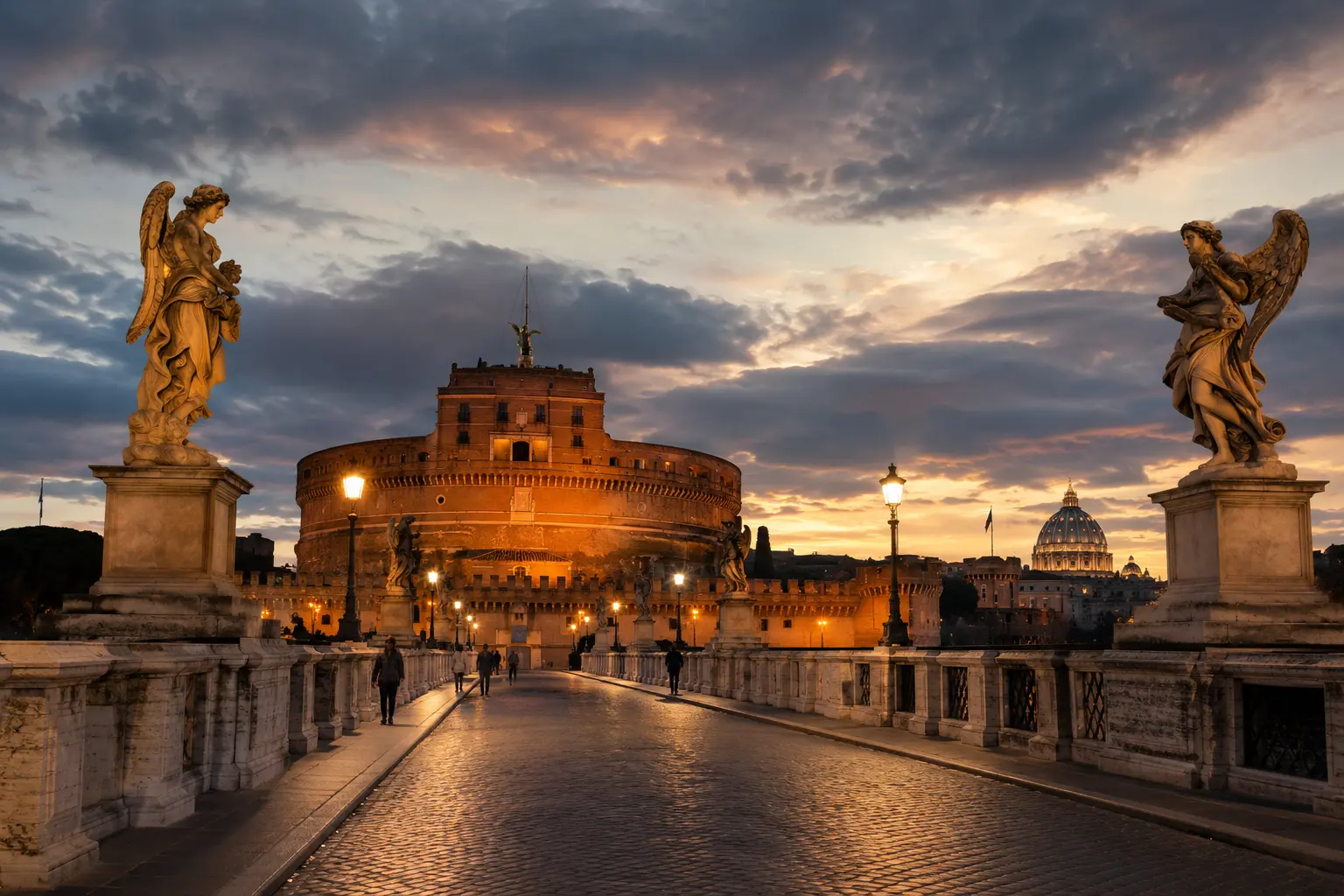 Original cinematic recreation of Ponte Sant’Angelo and Castel Sant’Angelo at dusk