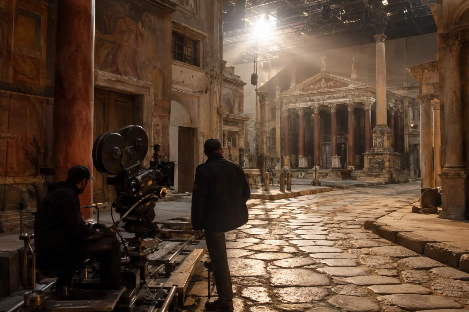 Original recreation of an ancient Rome backlot and filmmaking equipment at a cinema studio