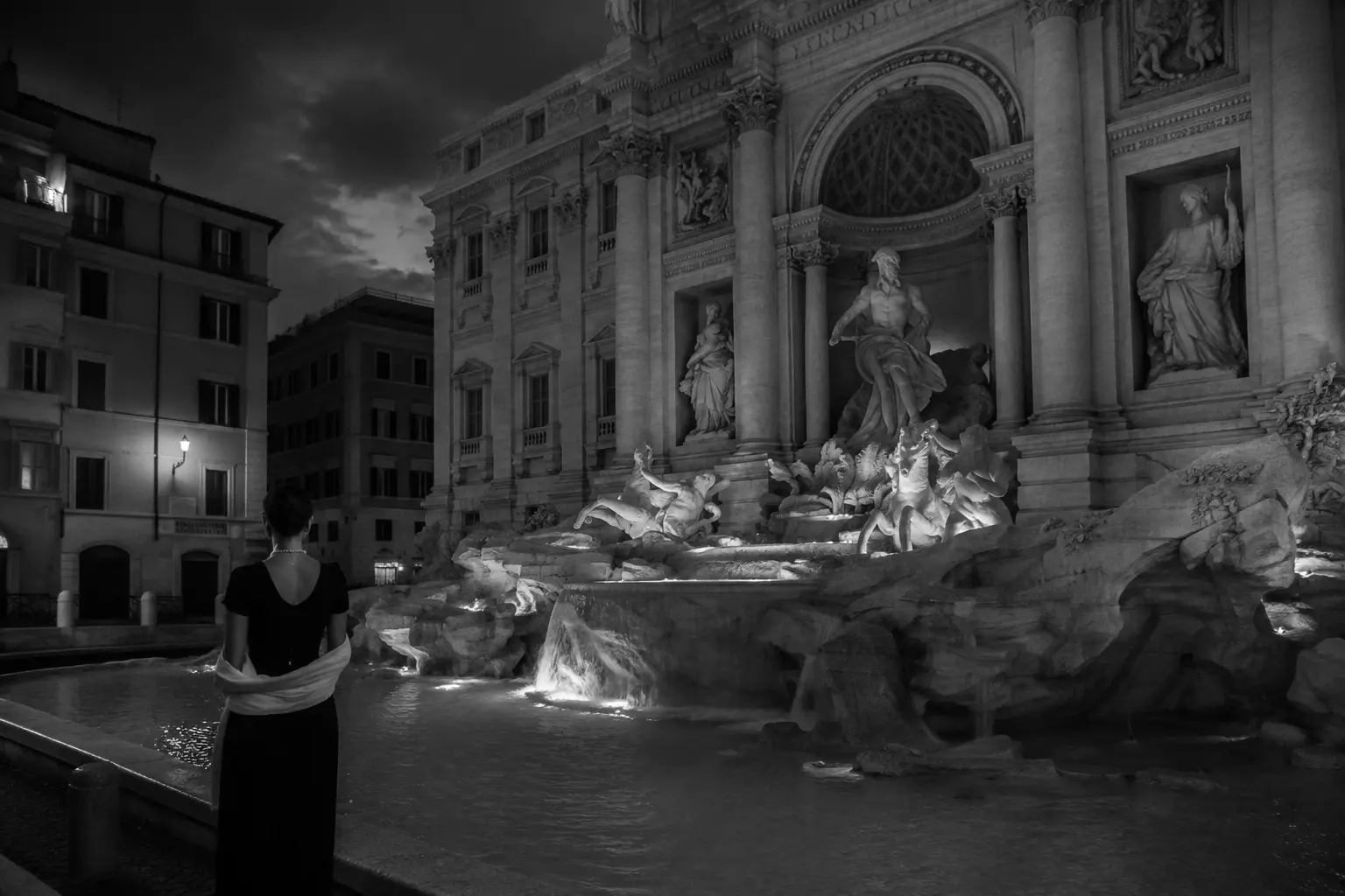 Original black-and-white recreation of Trevi Fountain for a La Dolce Vita location itinerary