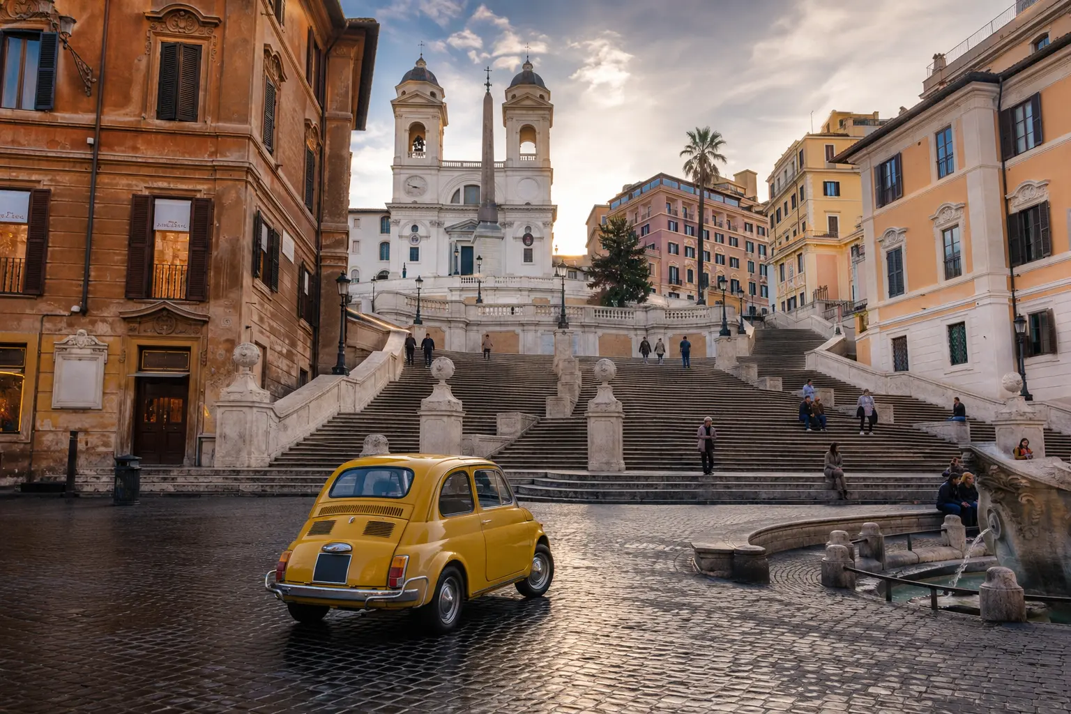 Original color recreation of a small yellow vintage car at Piazza di Spagna for a Mission Impossible location itinerary