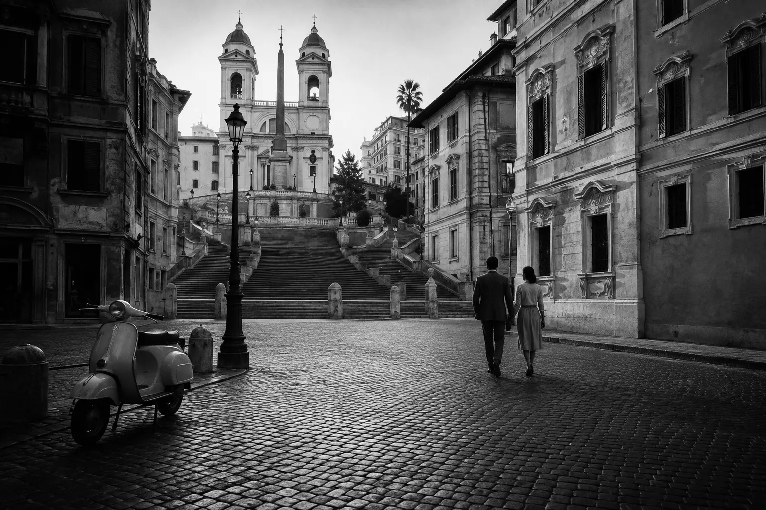 Original black-and-white recreation of the Spanish Steps for a Roman Holiday location itinerary