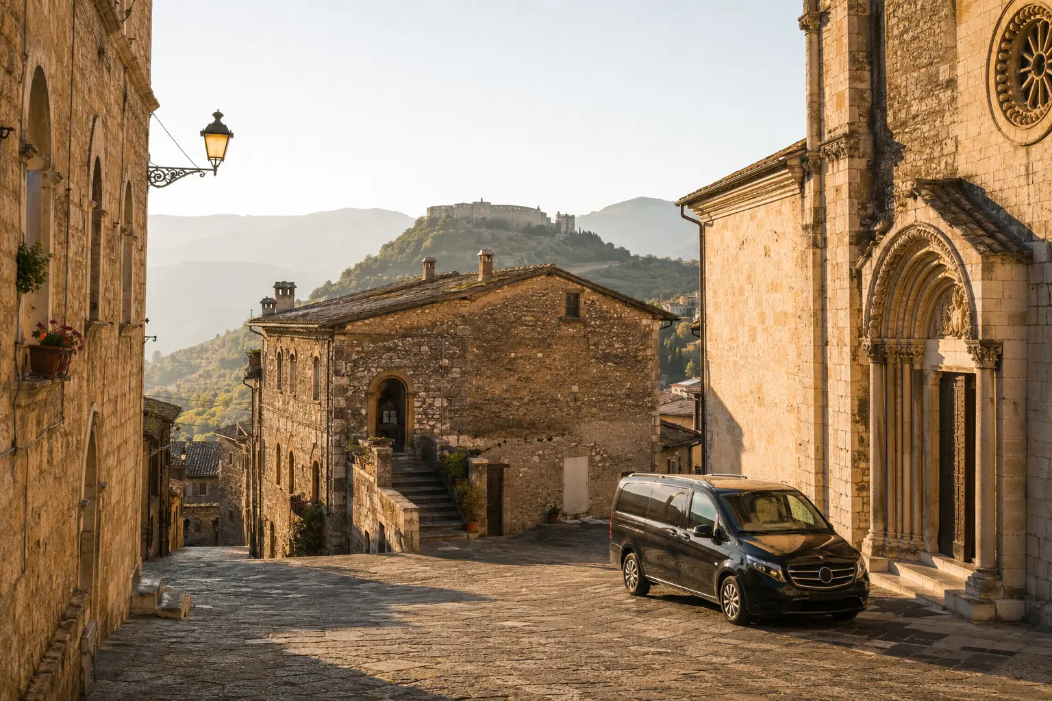 Original scenic recreation of a medieval Ciociaria town with a private executive van
