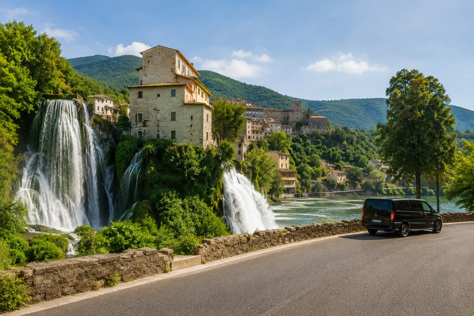 Original scenic recreation of a Ciociaria waterfall and hill town with a private executive van
