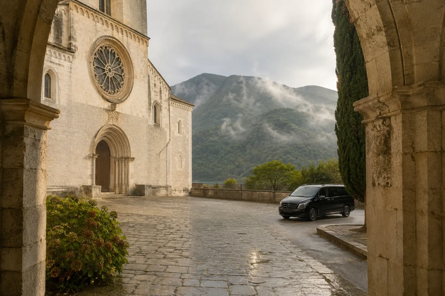 Original scenic recreation of a Ciociaria abbey and forested mountains with a private executive van