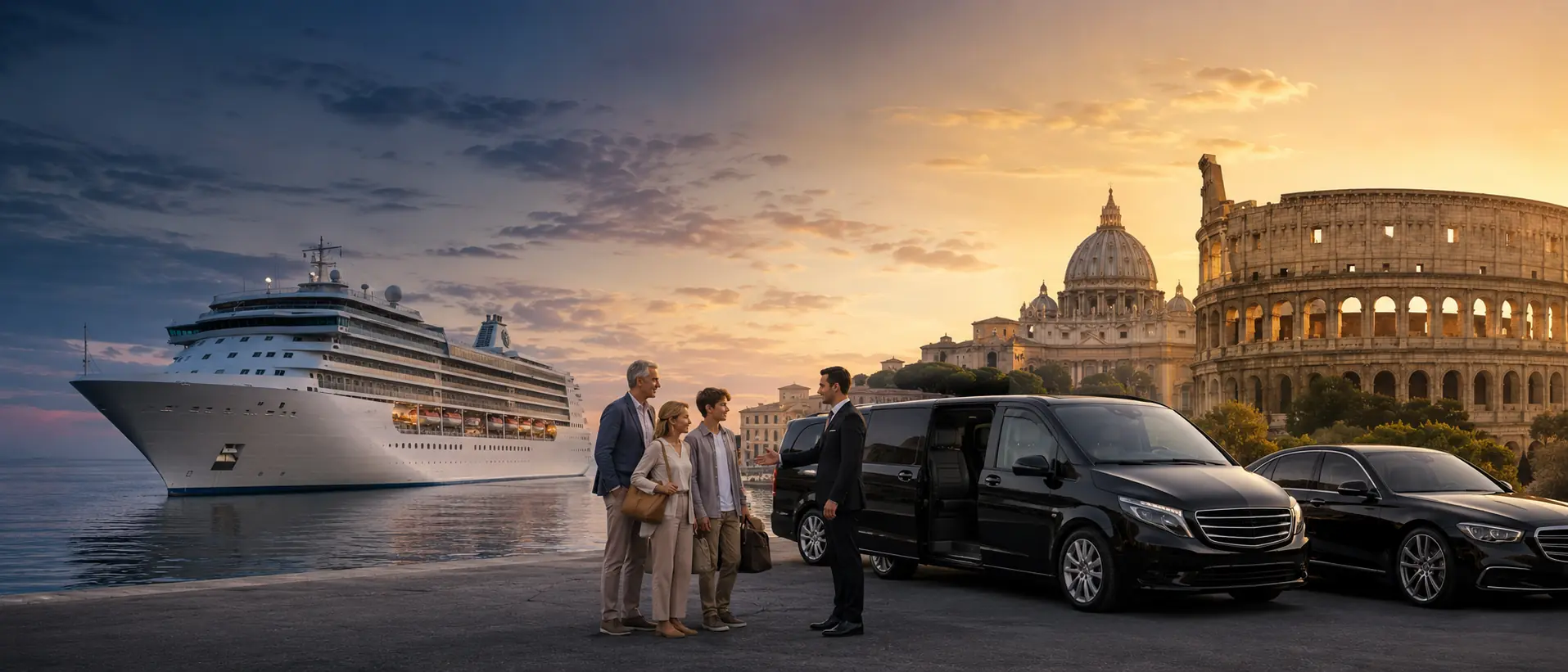 Cruise ship, private chauffeur vehicles and Rome landmarks for Civitavecchia port services