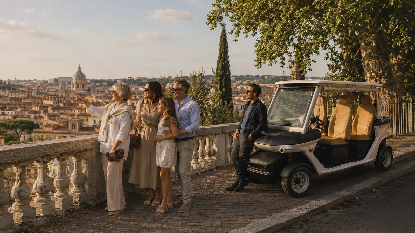 Family enjoying a panoramic Rome viewpoint during a golf cart experience