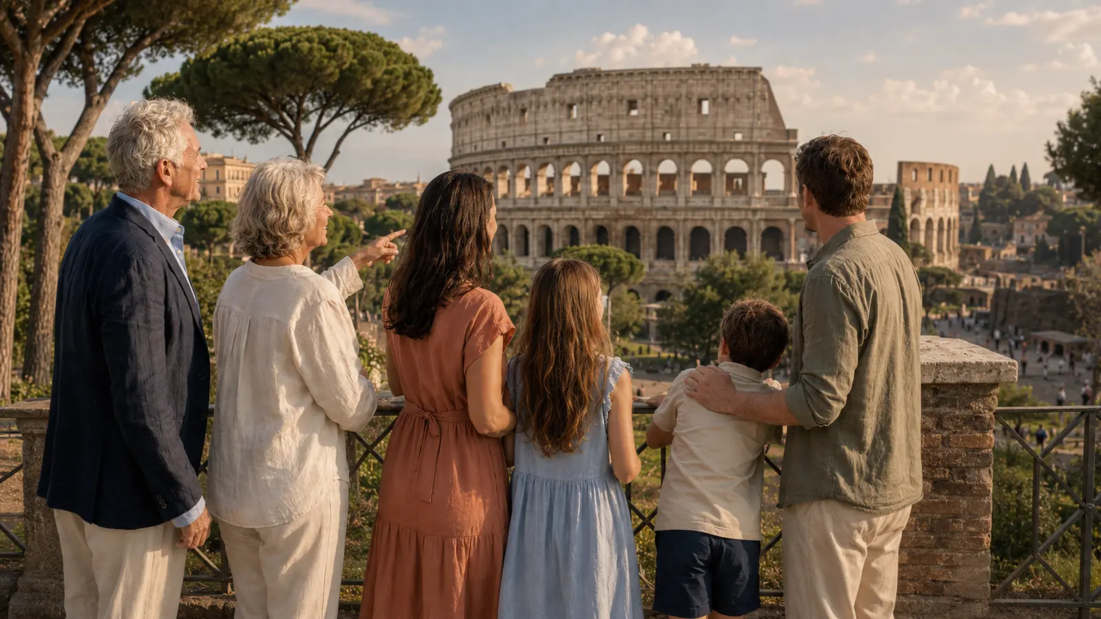 Family taking in the Colosseum and the scale of Ancient Rome
