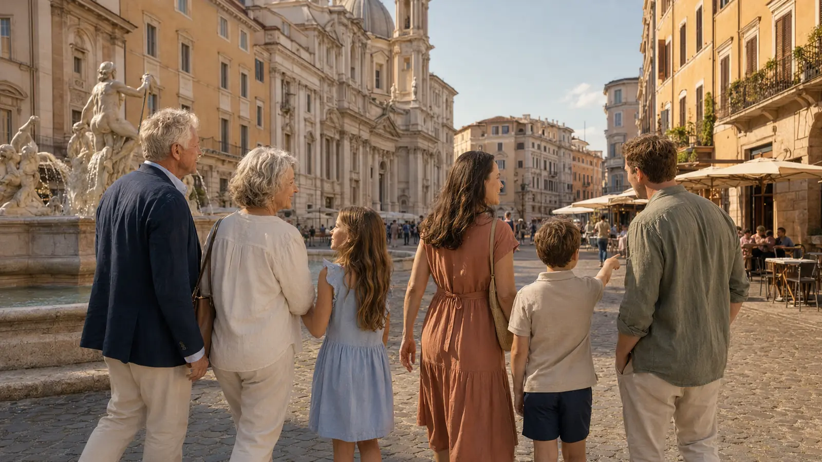 Family walking together through the intimate streets of Rome historic center