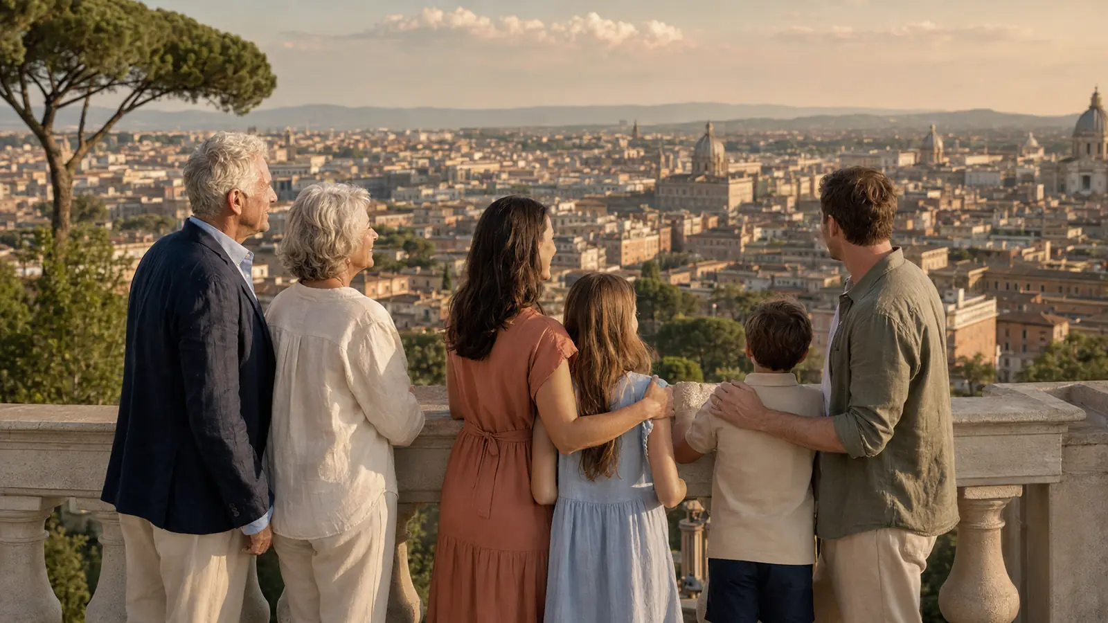 Multigenerational family overlooking Rome in the warm morning light