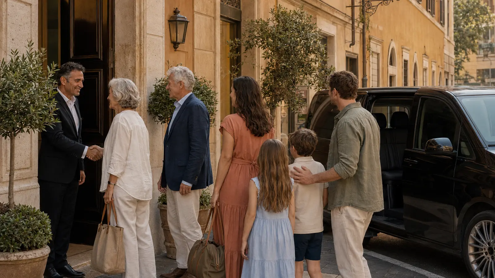 Private chauffeur welcoming a family outside their central Rome hotel