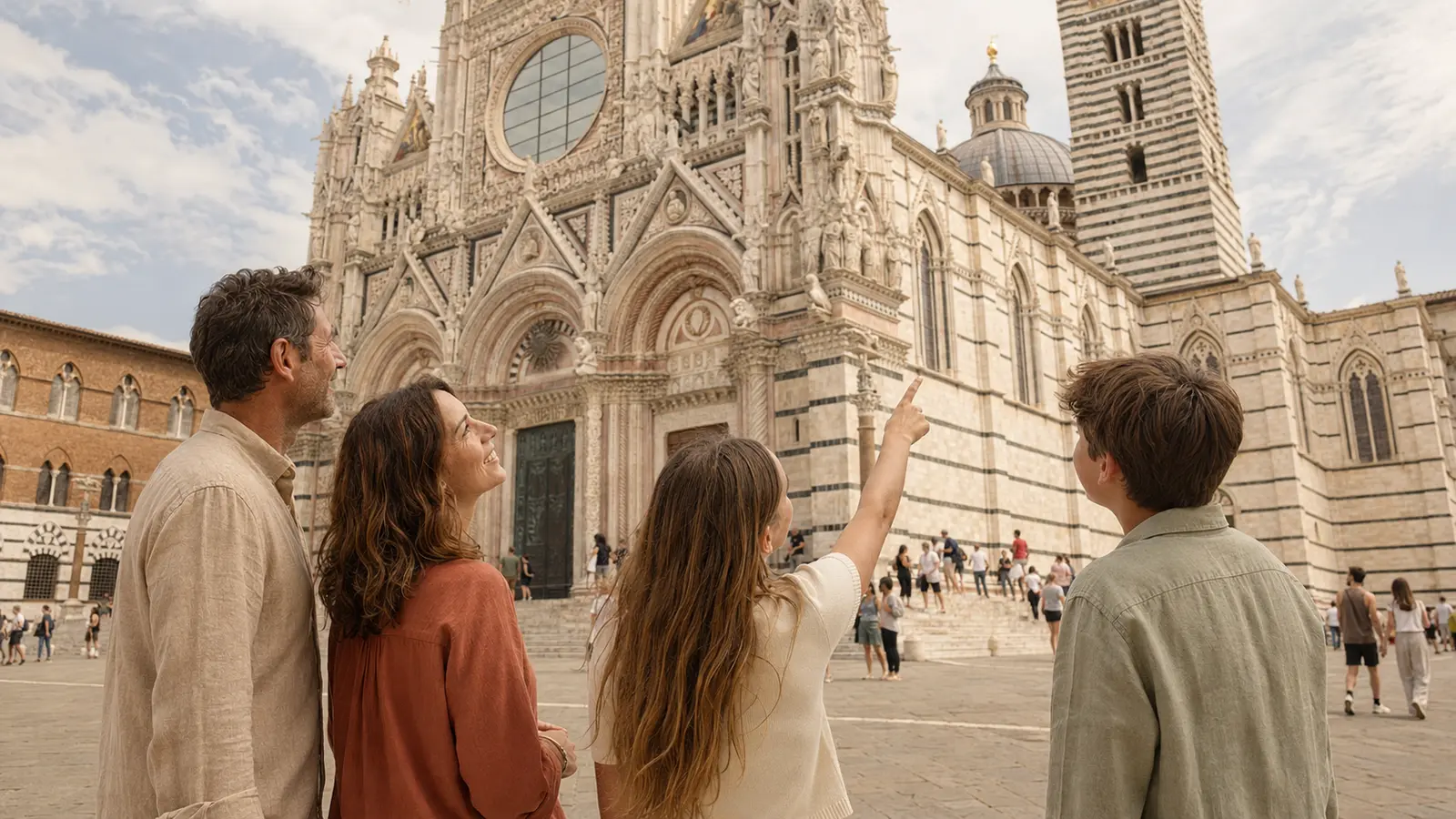 Family admiring Siena Cathedral during a private Tuscany experience