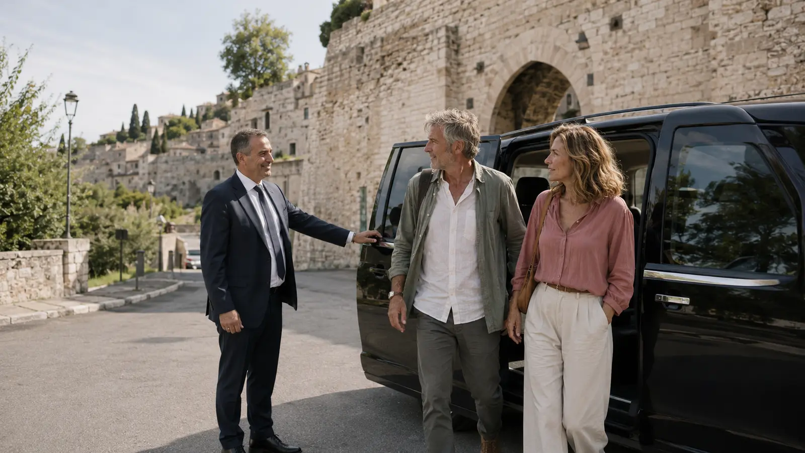 Multigenerational family arriving comfortably below the hill town of Assisi