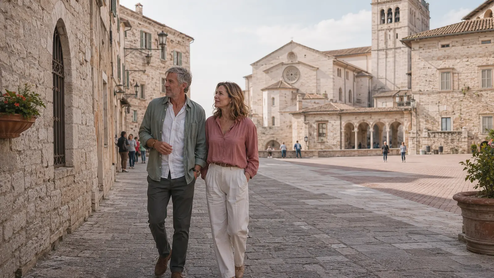 Family approaching the Basilica of Saint Francis in Assisi