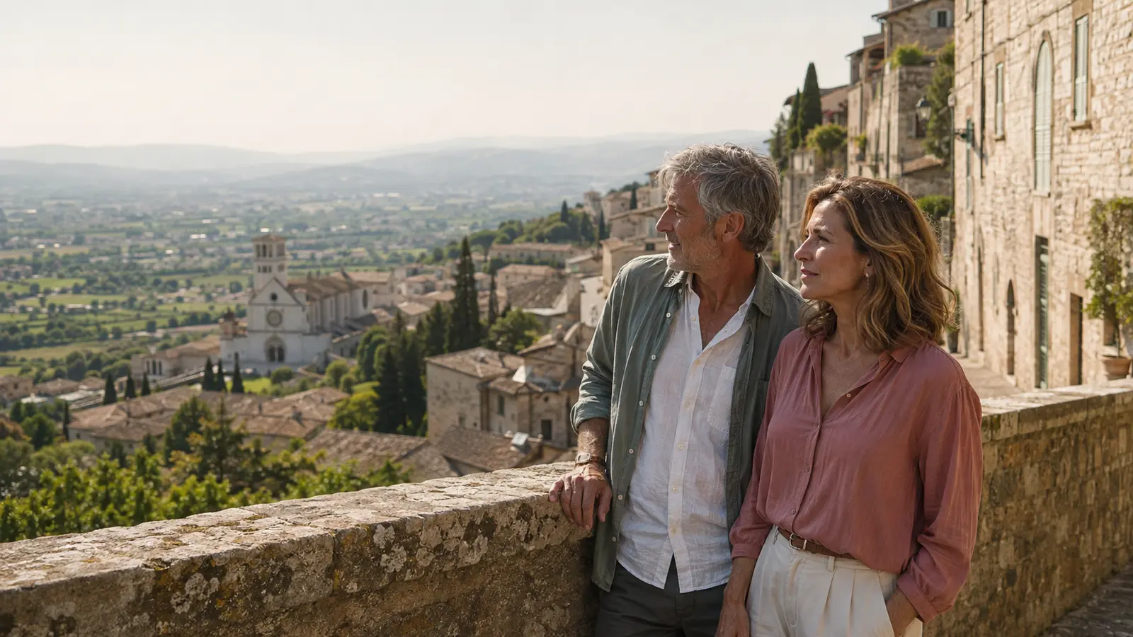 Family looking across the peaceful Umbrian hills below Assisi