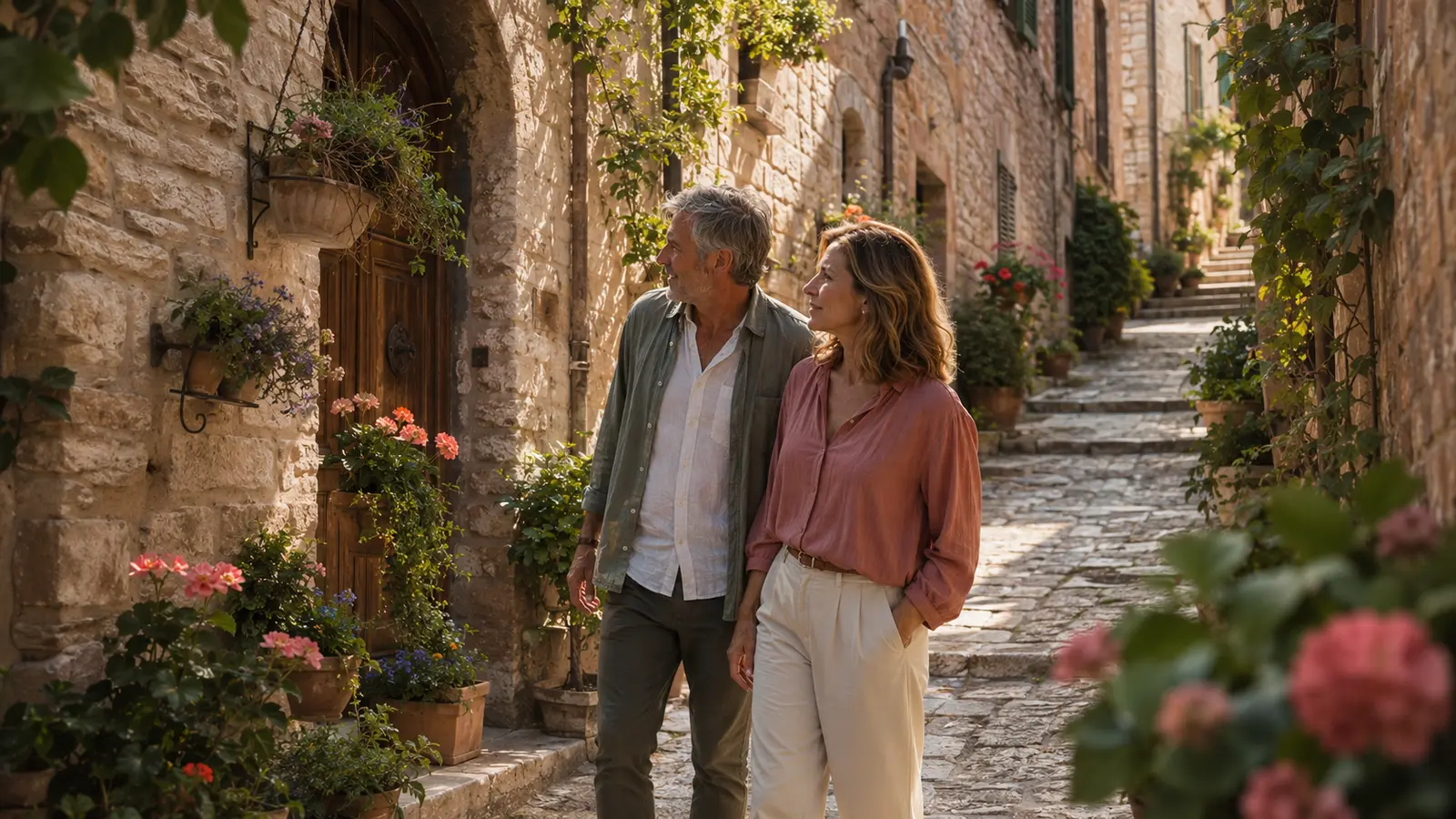 Family walking through flowered stone lanes in Spello