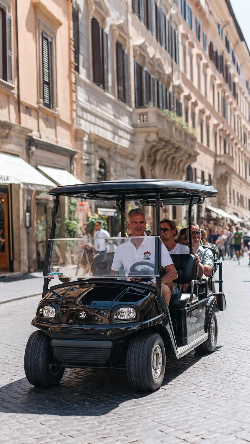 Actual golf cart moving through a central Rome street
