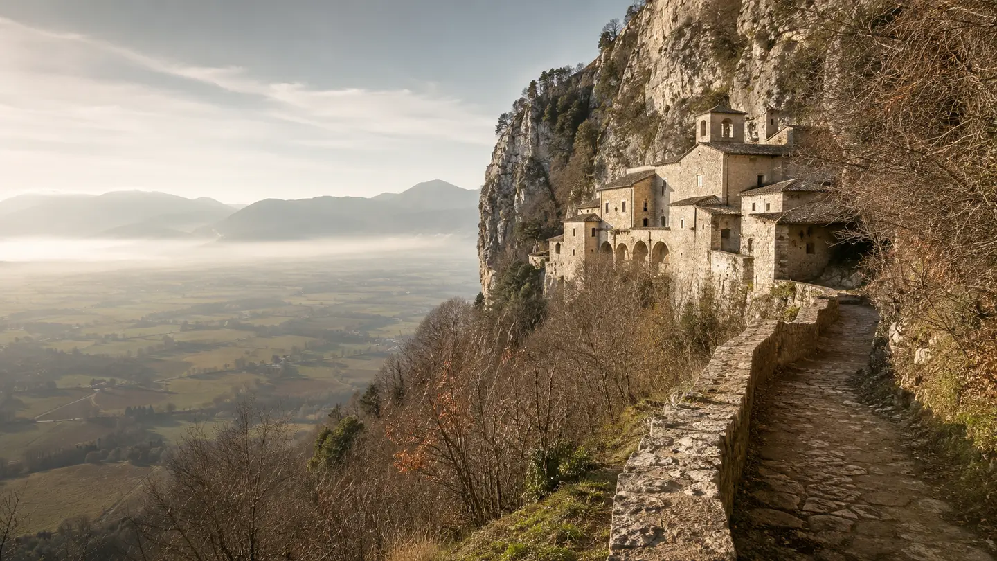 Original scenic recreation of Greccio sanctuary above the Rieti valley