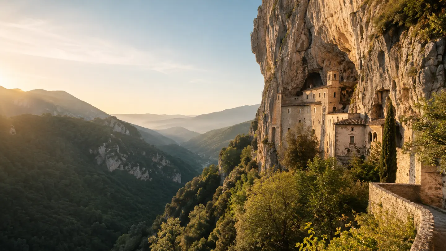 Original scenic recreation of the Sacro Speco monastery above the Aniene Valley