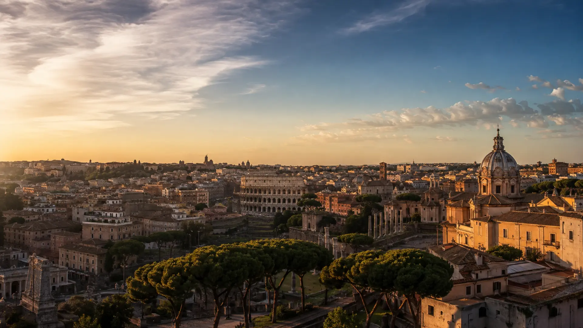 Rome skyline and the Colosseum during golden hour