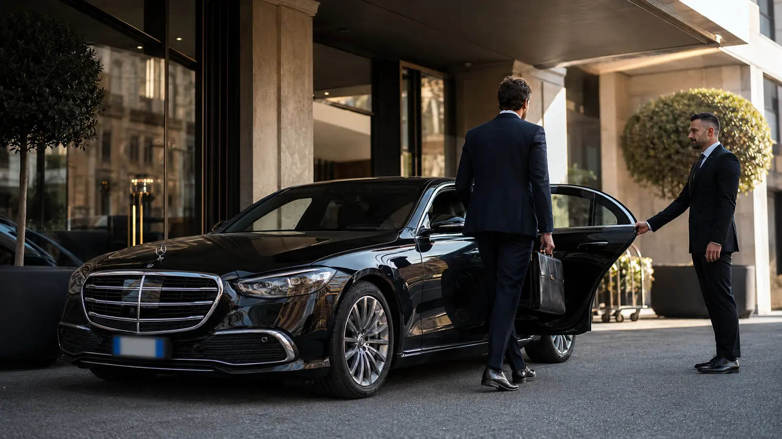 Dedicated chauffeur opening an executive sedan for a business traveler