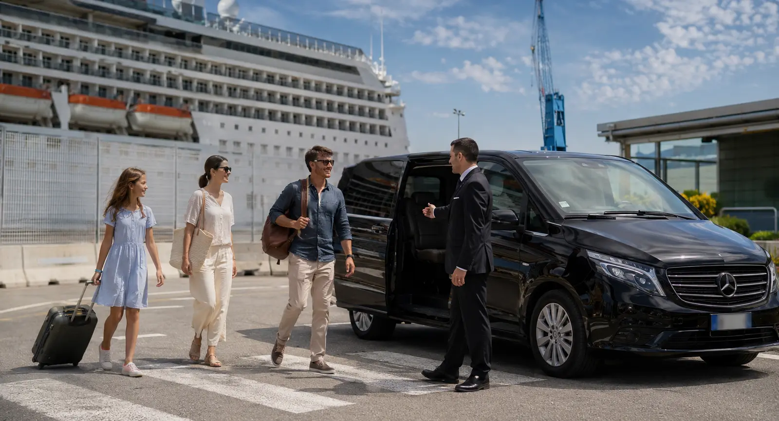 Private chauffeur meeting cruise guests beside a Mercedes-Benz V-Class at Civitavecchia