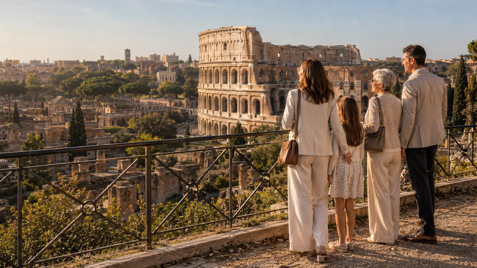 Family looking across the Colosseum and Ancient Rome