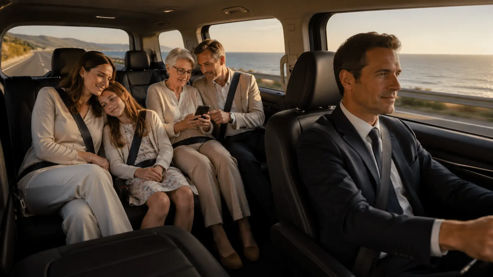 Family relaxing in the private vehicle on the protected return to Civitavecchia