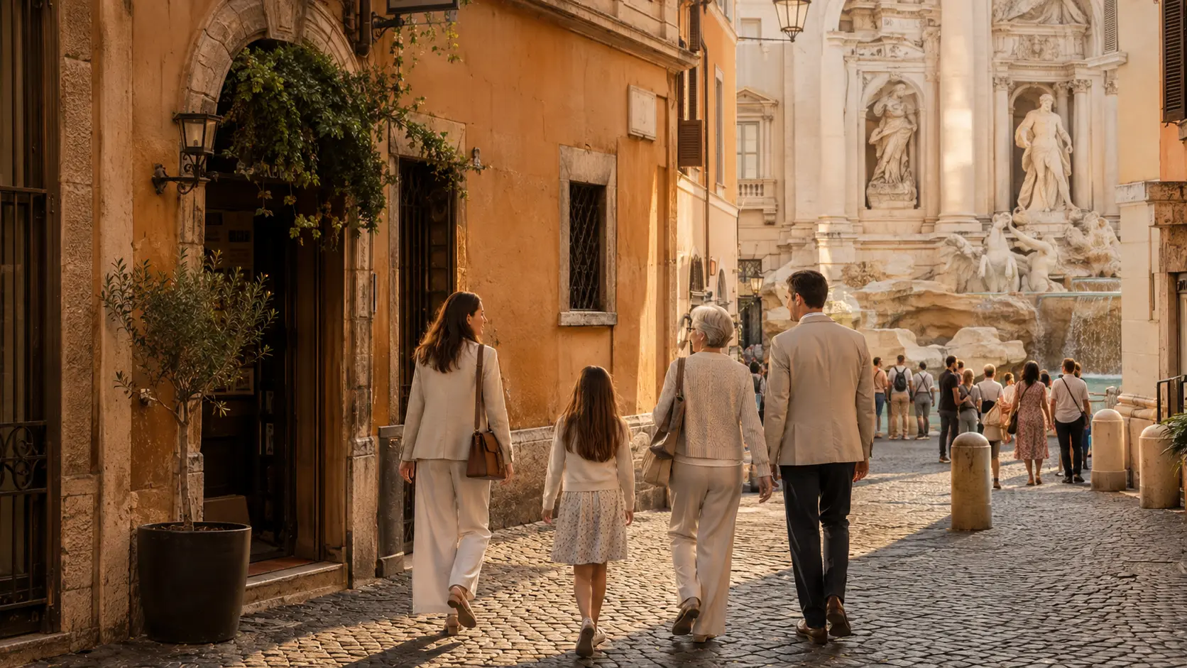 Family walking through Rome toward Trevi Fountain