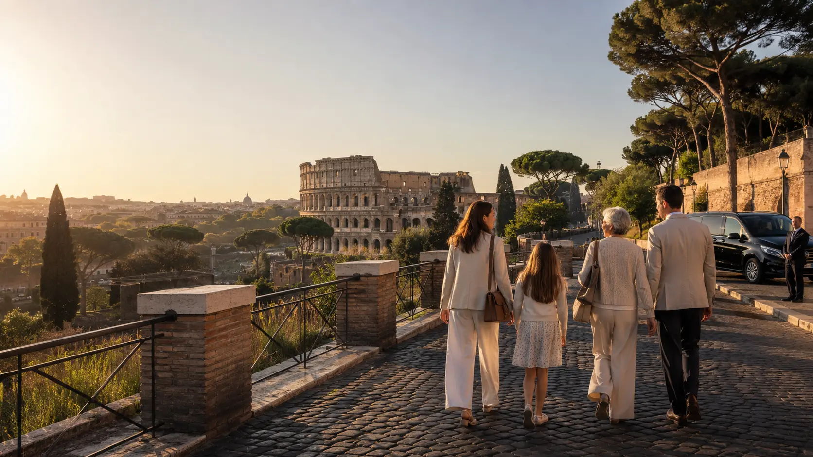 Family arriving with a private chauffeur to see the Colosseum and Rome in the warm morning light