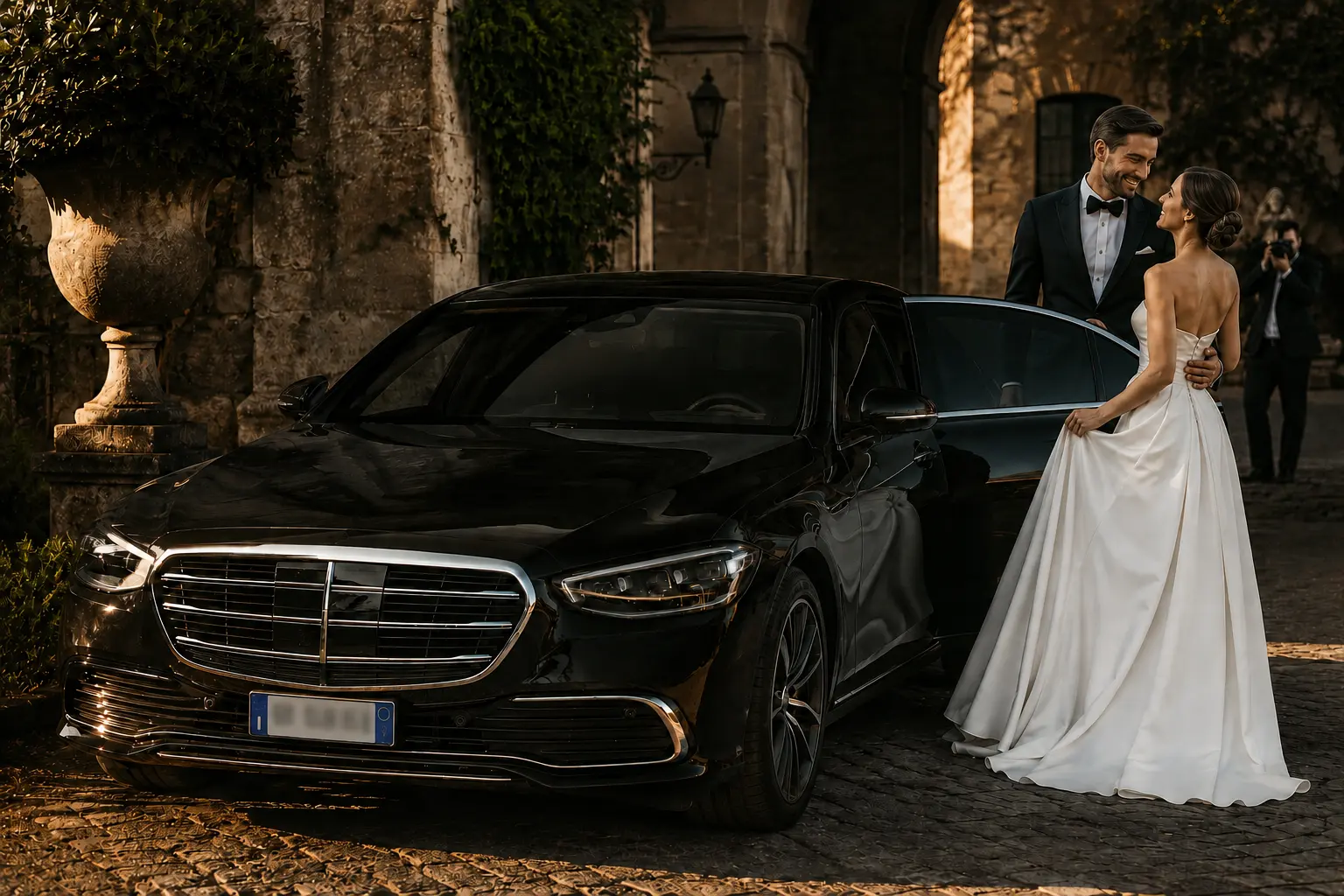 Bride beside a black Mercedes-Benz S-Class wedding vehicle